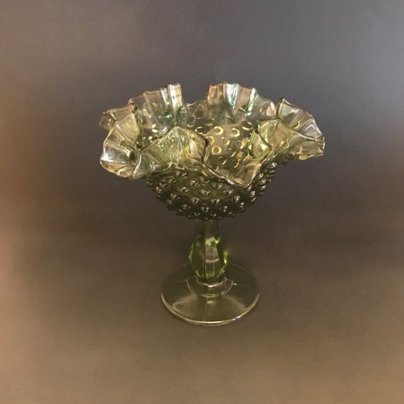 Fenton Avocado Green Glass  Candy / Compote Dish Ruffled Edge Hobnail Pattern - Picture 4 of 5